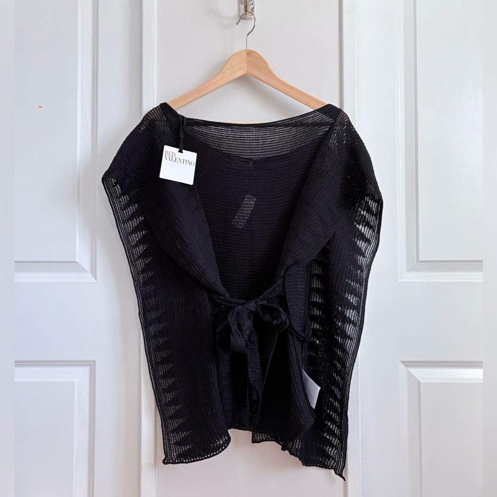 RED Valentino Black Sheer Knit Tie-Front Poncho | NWT